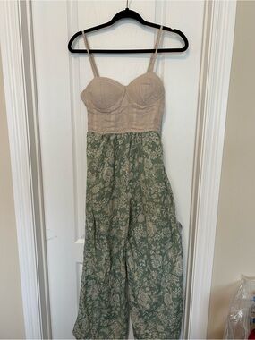 Beige & Green Floral Bustier Jumpsuit